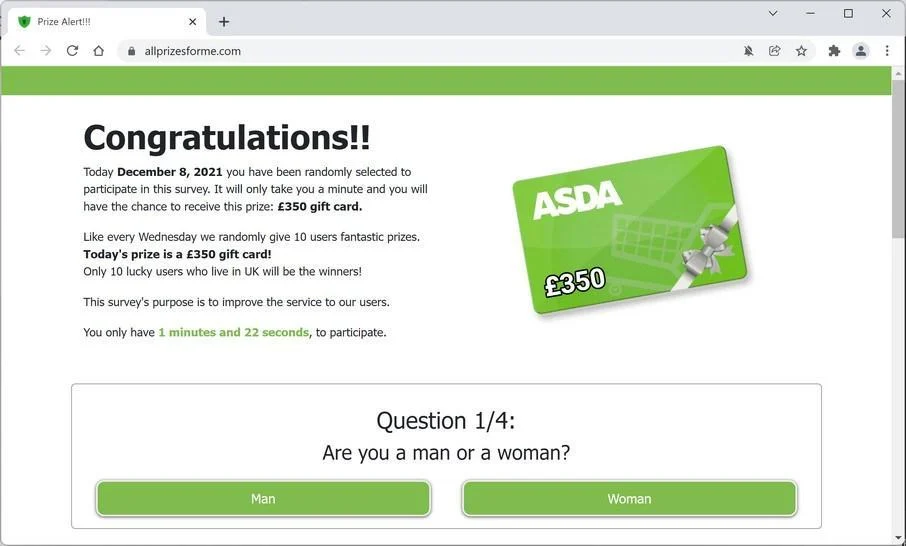 Image: Chrome browser is redirected to Allprizesforme.com
