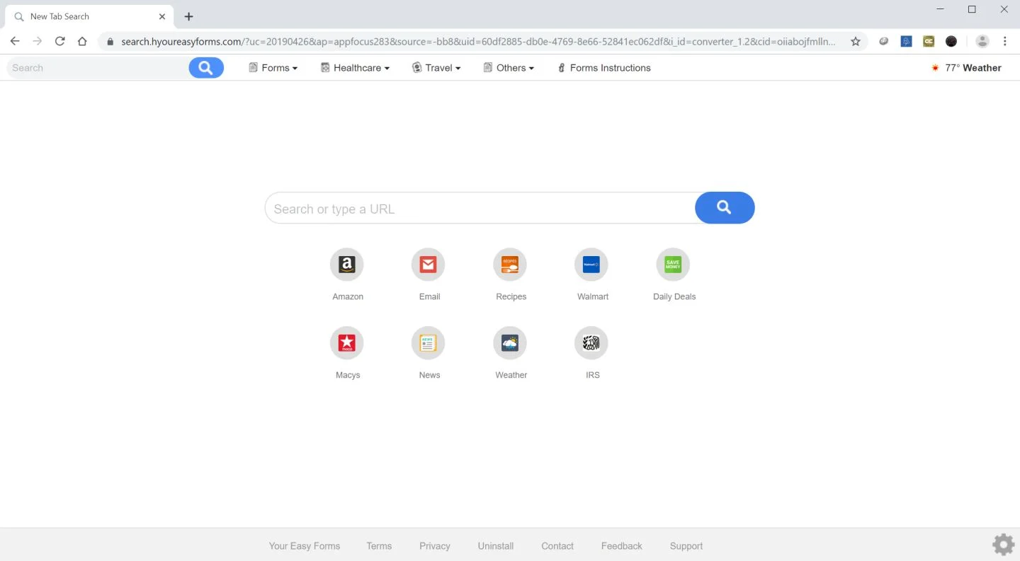 Image: Google Chrome is redirected to the Your Easy Forms New Tab Search