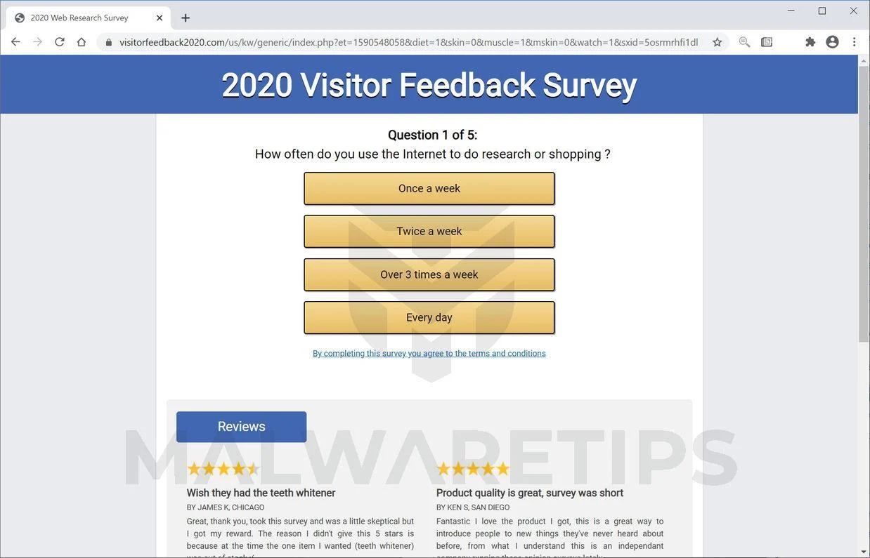 Remove "2020 Visitor Feedback Survey" scam (Virus Removal Guide) 1 Image: 2020 Visitor Feedback Survey Pop-up Scam