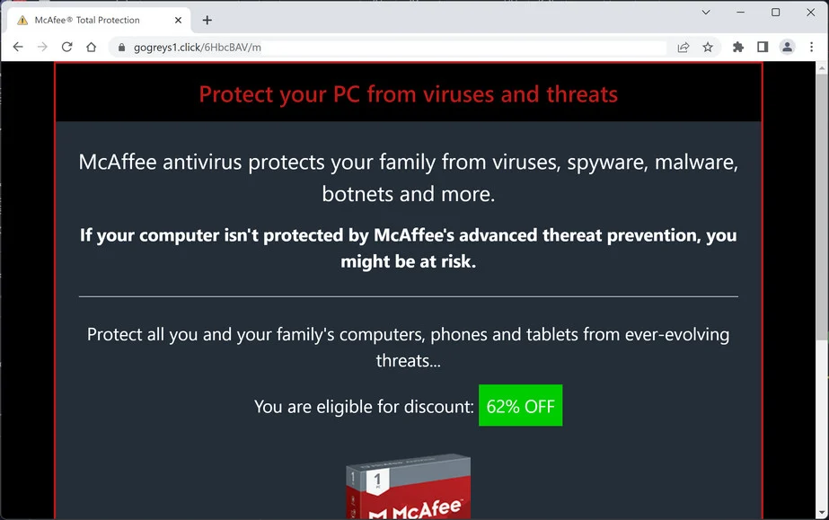 Image: Gogreys1.click Fake McAfee Virus Alert