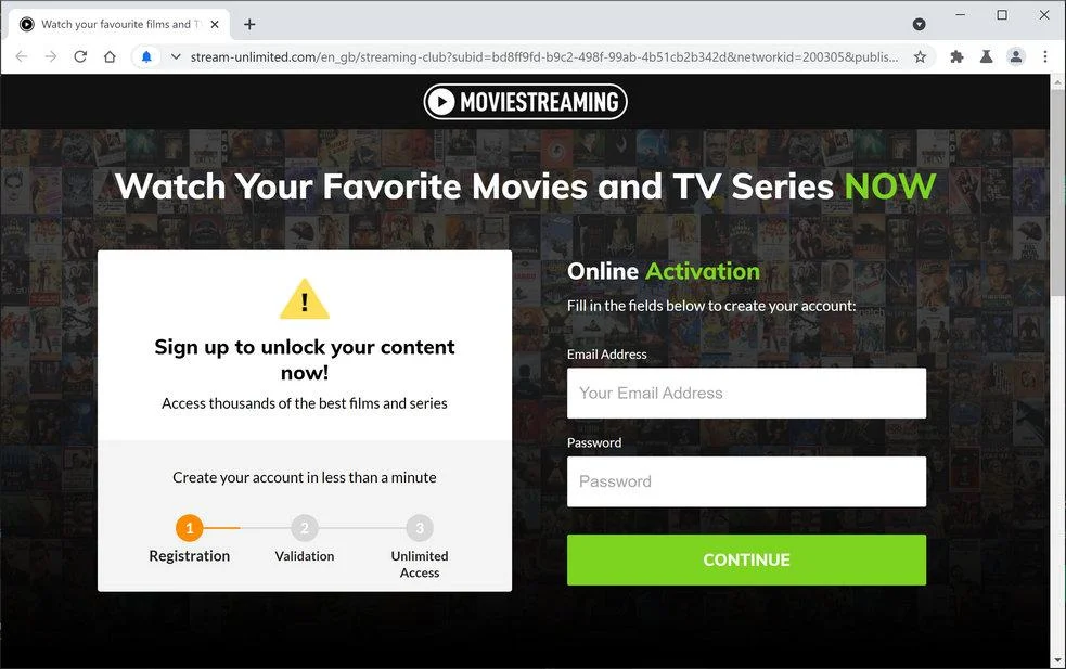 Image: Chrome browser is redirected to Stream-unlimited.com