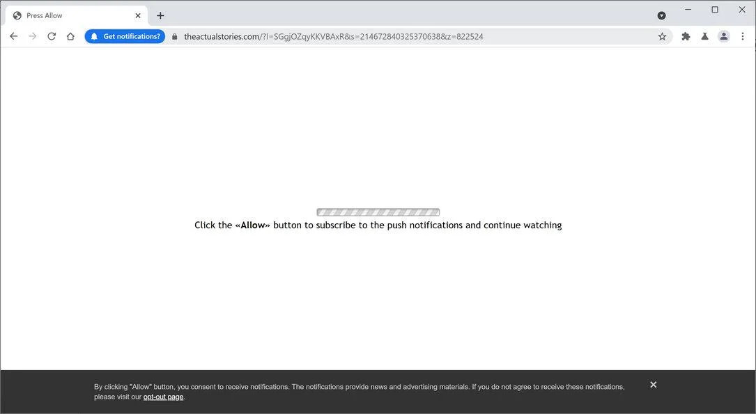 Image: Chrome browser is redirected to Theactualstories.com