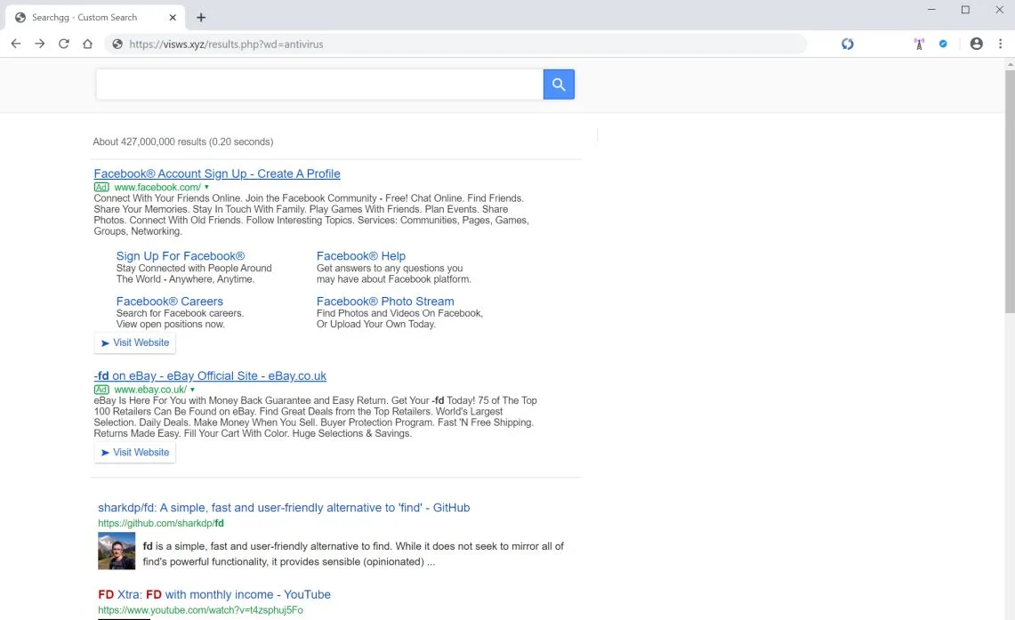 Image: Chrome browser is redirected to Visws.xyz