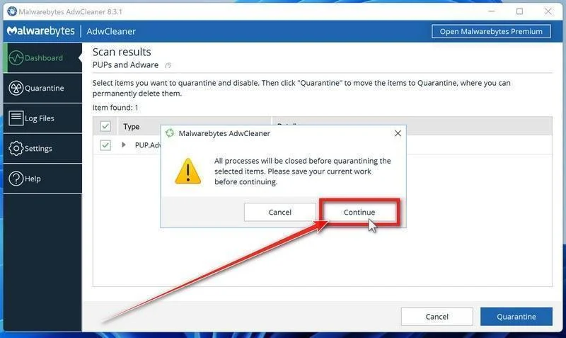 Click Continue to remove malicious files