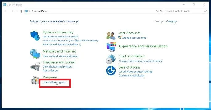 Click on Uninstall a Program option - Windows 10 Click on Uninstall a Program option - Windows 10