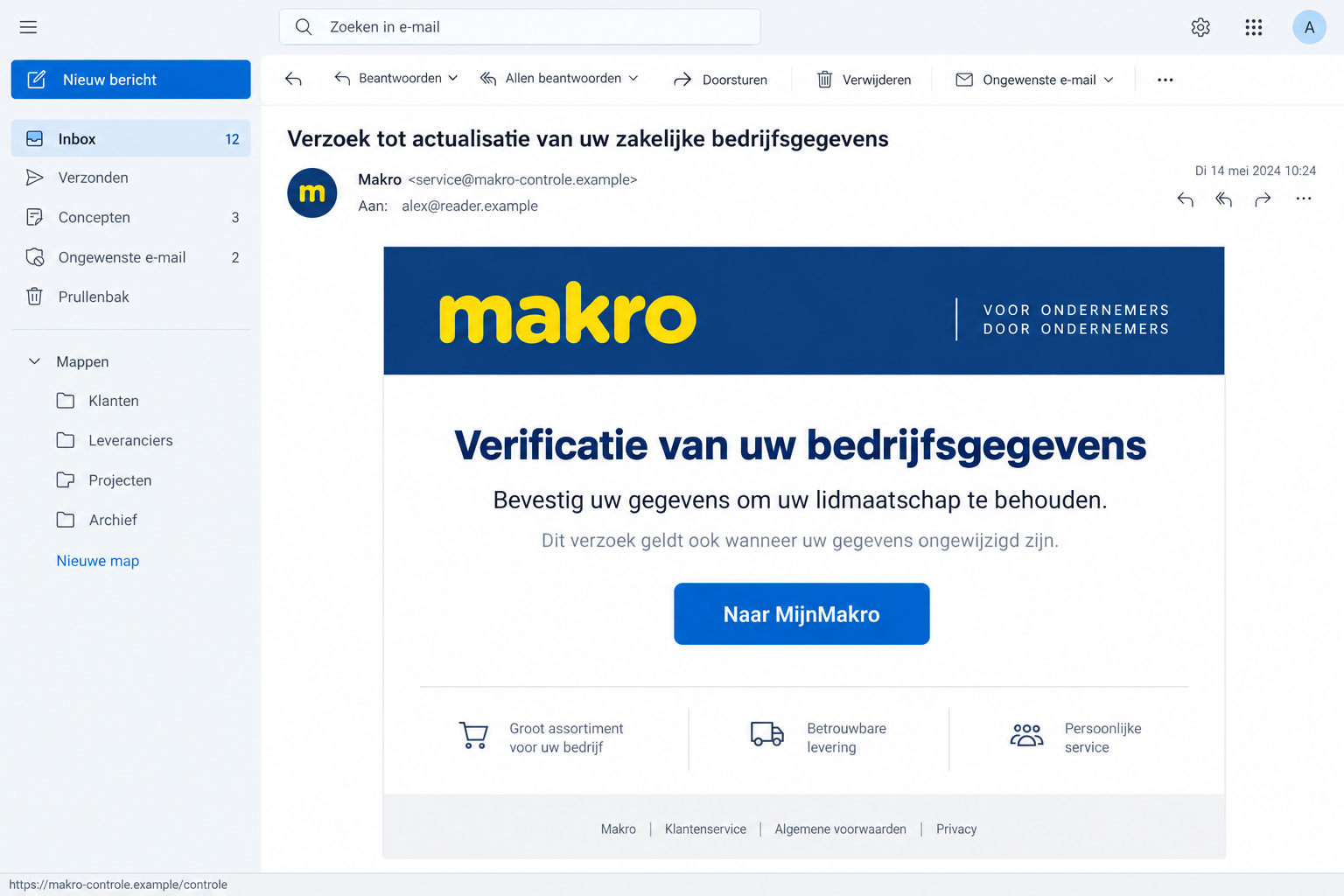 Makro Email Scam: Fake Business Checks Threaten to Cancel Your Membership 1 Illustration of a fake Makro business verification email with a fictional MijnMakro destination