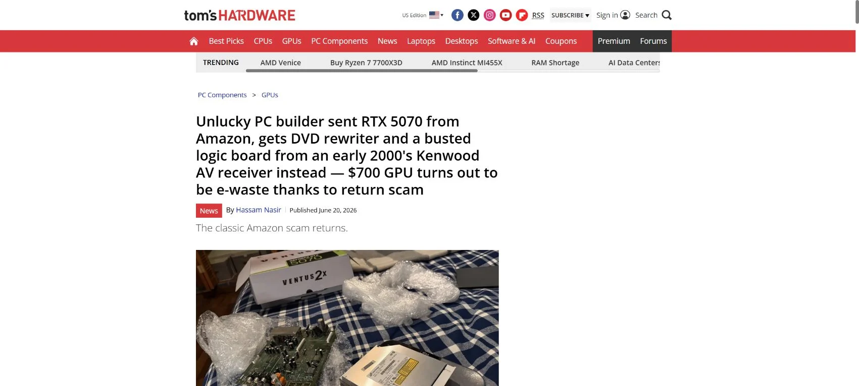 Tom's Hardware report showing e-waste found in an RTX 5070 return scam