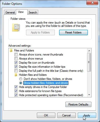 Show hidden files, folders and drives