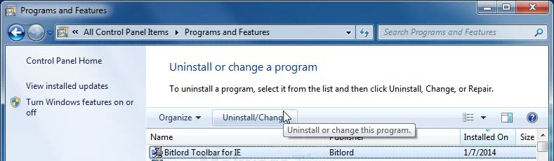 [Image: Uninstall Bitlord Toolbar from Windows]