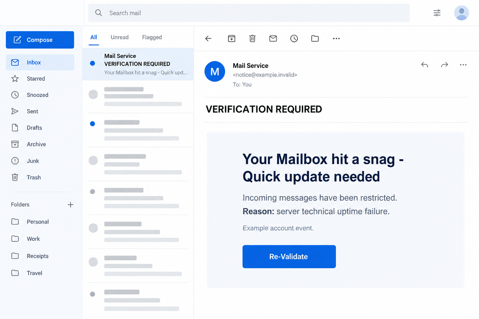 Your Mailbox Hit a Snag Email Scam: Fake Re-Validate Login Warning Exposed 1 Illustrative mailbox restriction email blaming a server uptime failure and presenting a Re-Validate button