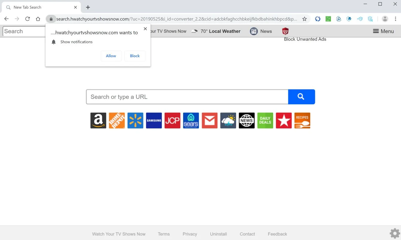 Remove Search.hwatchyourtvshowsnow.com redirect (Virus Removal Guide) 2 Image: Chrome browser is redirected to search.hwatchyourtvshowsnow.com