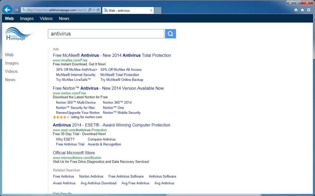 [Image: Searches.safehomepage.com virus]