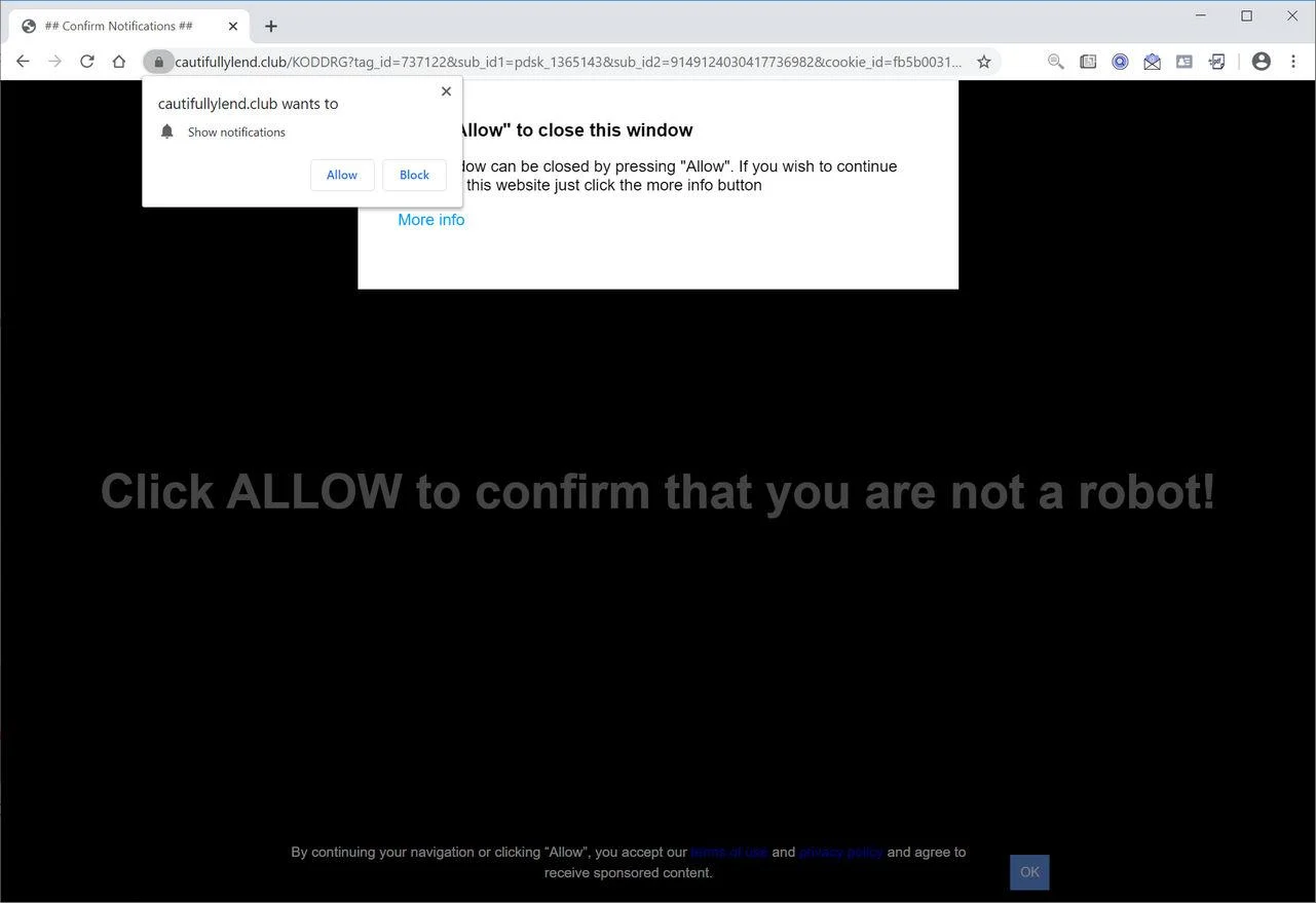 Image: Chrome browser is redirected to Cautifullylend.club