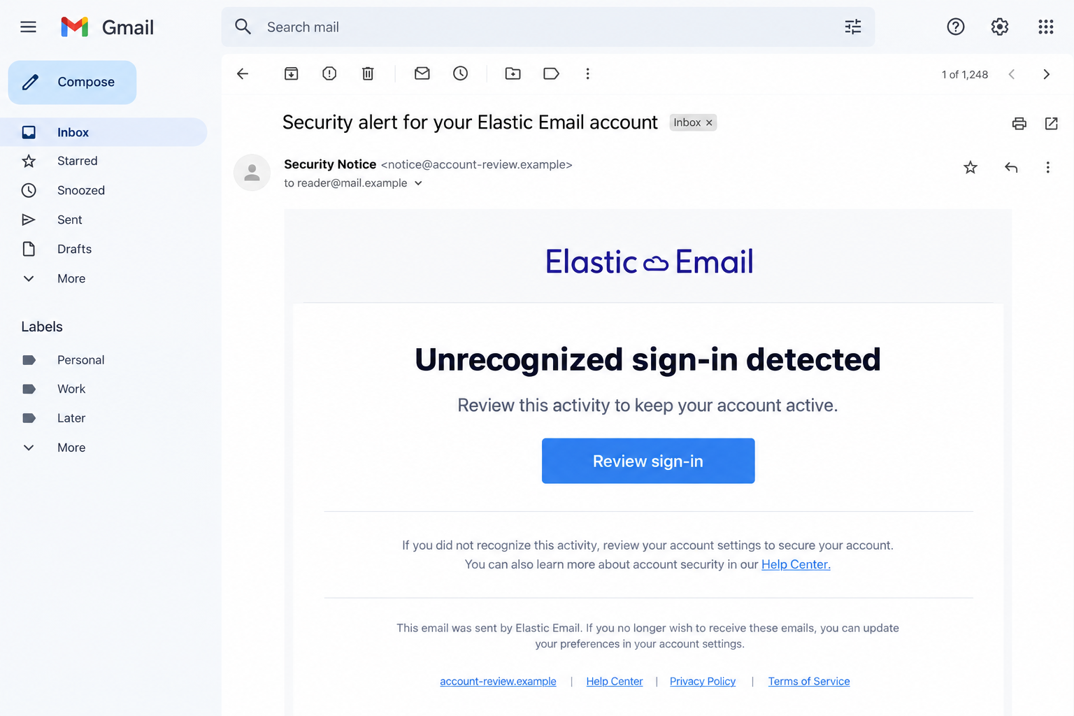 Illustrative email impersonating Elastic Email with an unrecognized sign-in warning and a fictional example-domain link