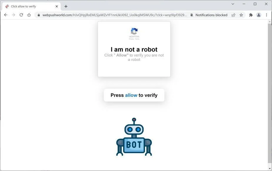 Image: Chrome browser is redirected to Webpushworld.com