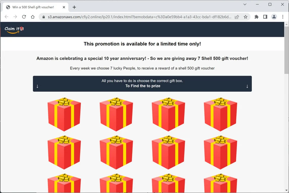 "Amazon Is Celebrating A Special 10 Year Anniversary" Scam 1 Image: Amazon Is Celebrating A Special 10 Year Anniversary Pop-up Scam