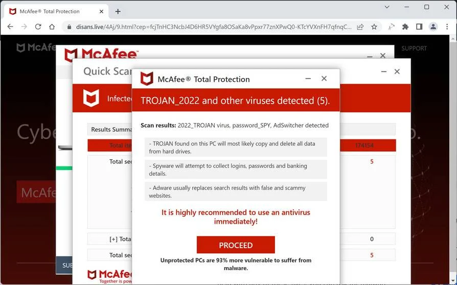 Screenshot of Disans.live Fake Antivirus Scan