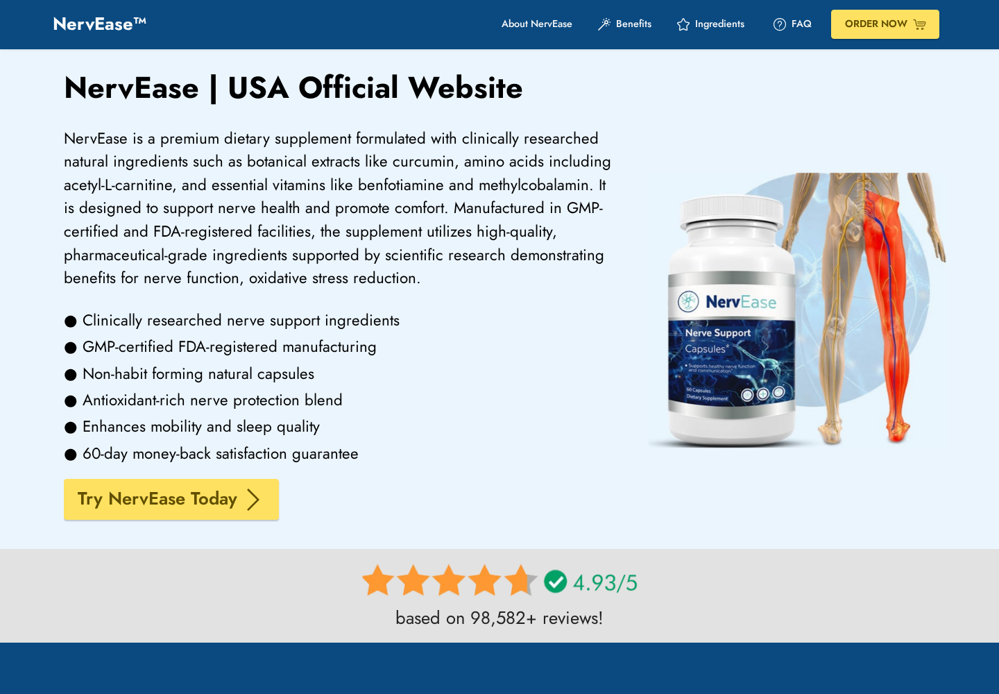 NervEase nerve-support promotion showing a supplement bottle, sciatic-pain illustration, scientific claims, and a 60-day guarantee