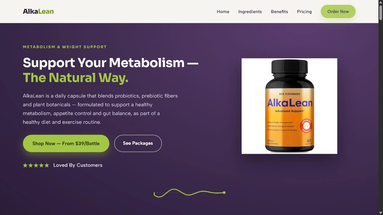 AlkaLean supplement landing page shown in online advertisements