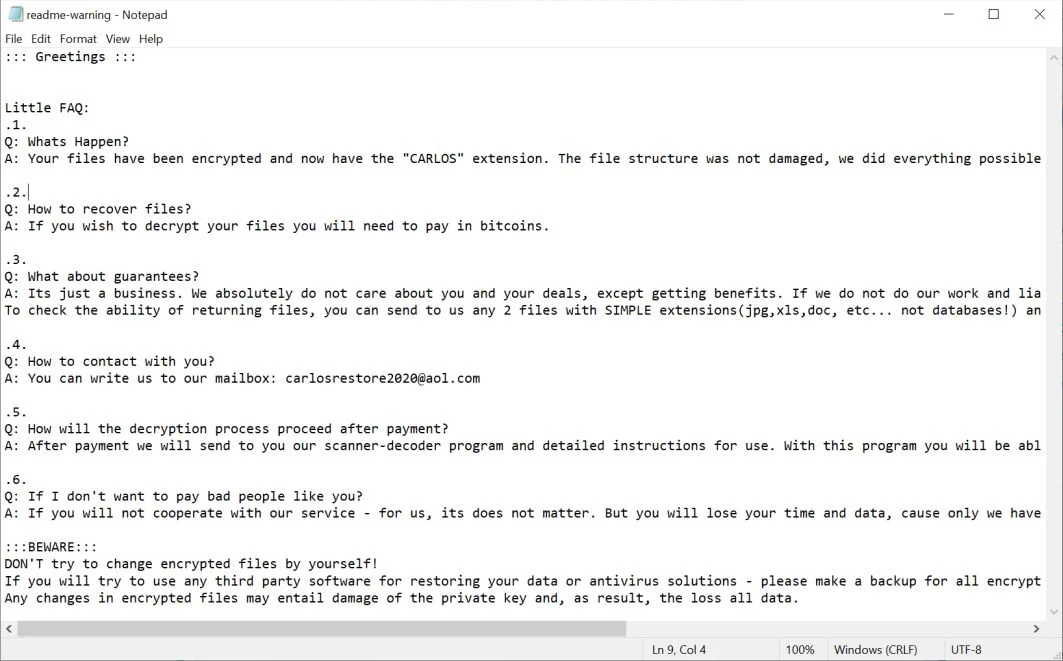 Image: [carlosrestore2020@aol.com].CARLOS ransomware