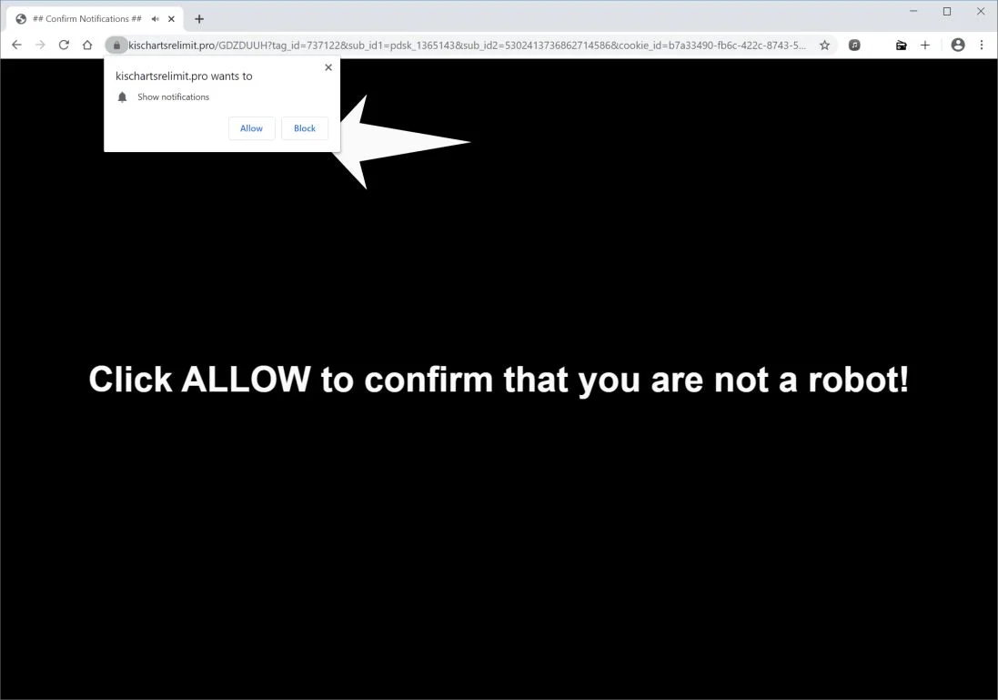 Remove Kischartsrelimit.pro pop-up ads (Virus Removal Guide) 1 Image: Chrome browser is redirected to Kischartsrelimit.pro