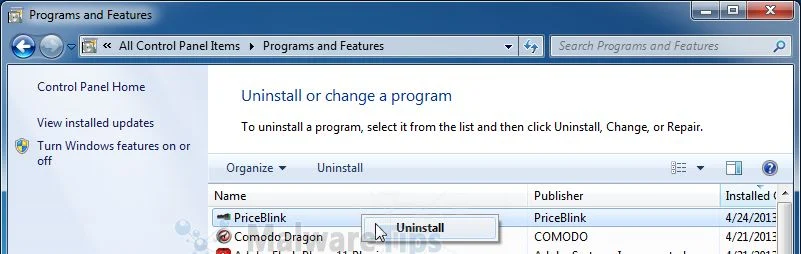 [Image: Uninstall PriceBlink  program]