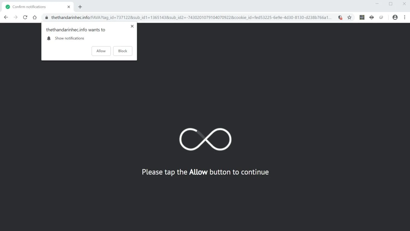 Image: Chrome browser is redirected to the Thethandarinhec.info site