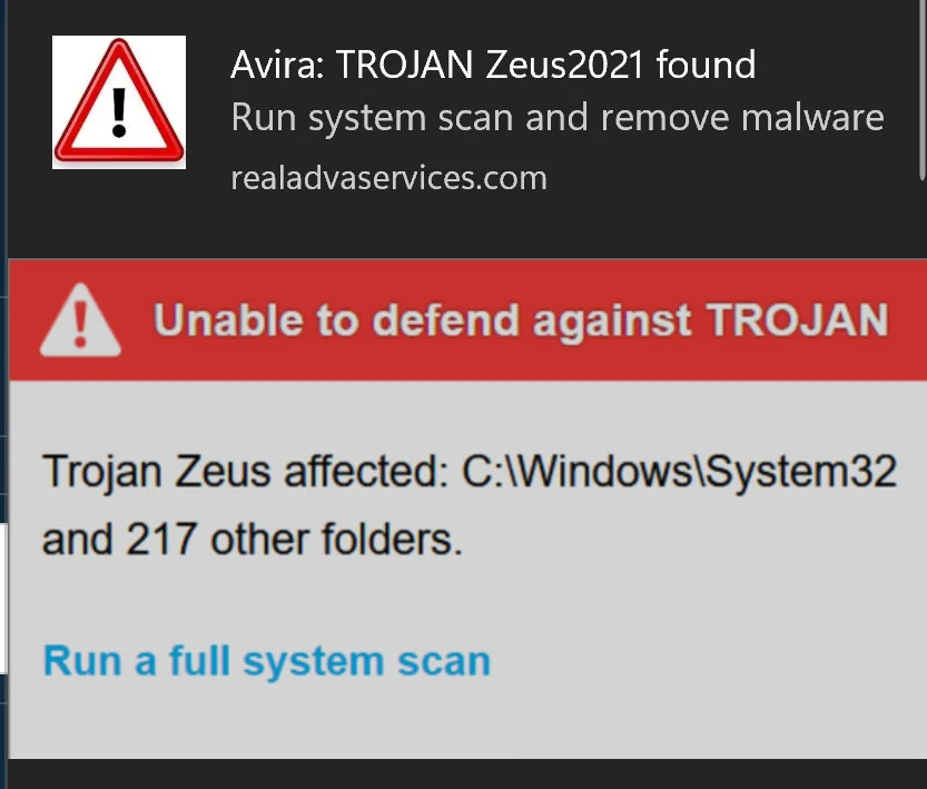 Remove "Avira Trojan Zeus 2021 Found" Pop-up Scam 1 Image: Avira Trojan Zeus 2021 Found Pop-up Ads