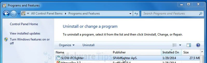 [Image: Uninstall SLOW-PCfighter program from Windows]