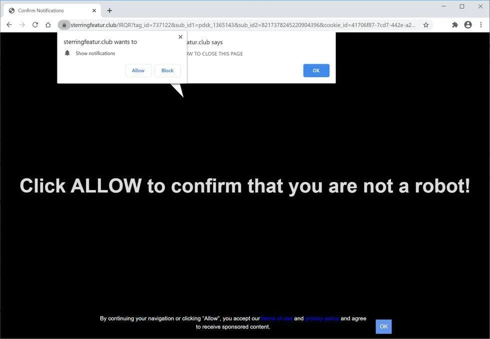 Remove Sterringfeatur.club pop-up ads (Virus Removal Guide) 1 Image: Chrome browser is redirected to Sterringfeatur.club