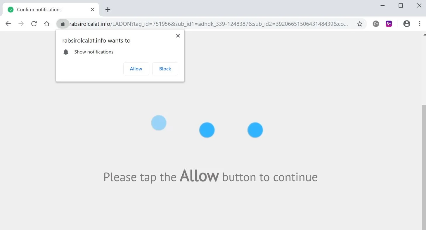 Image: Chrome browser is redirected to the Rabsirolcalat.info site