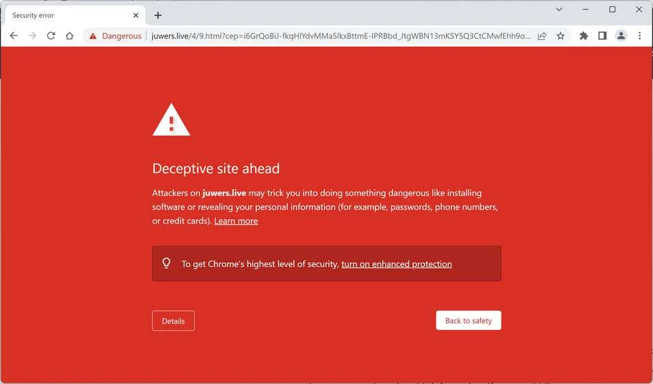 Image: Chrome browser is redirected to Juwers.live