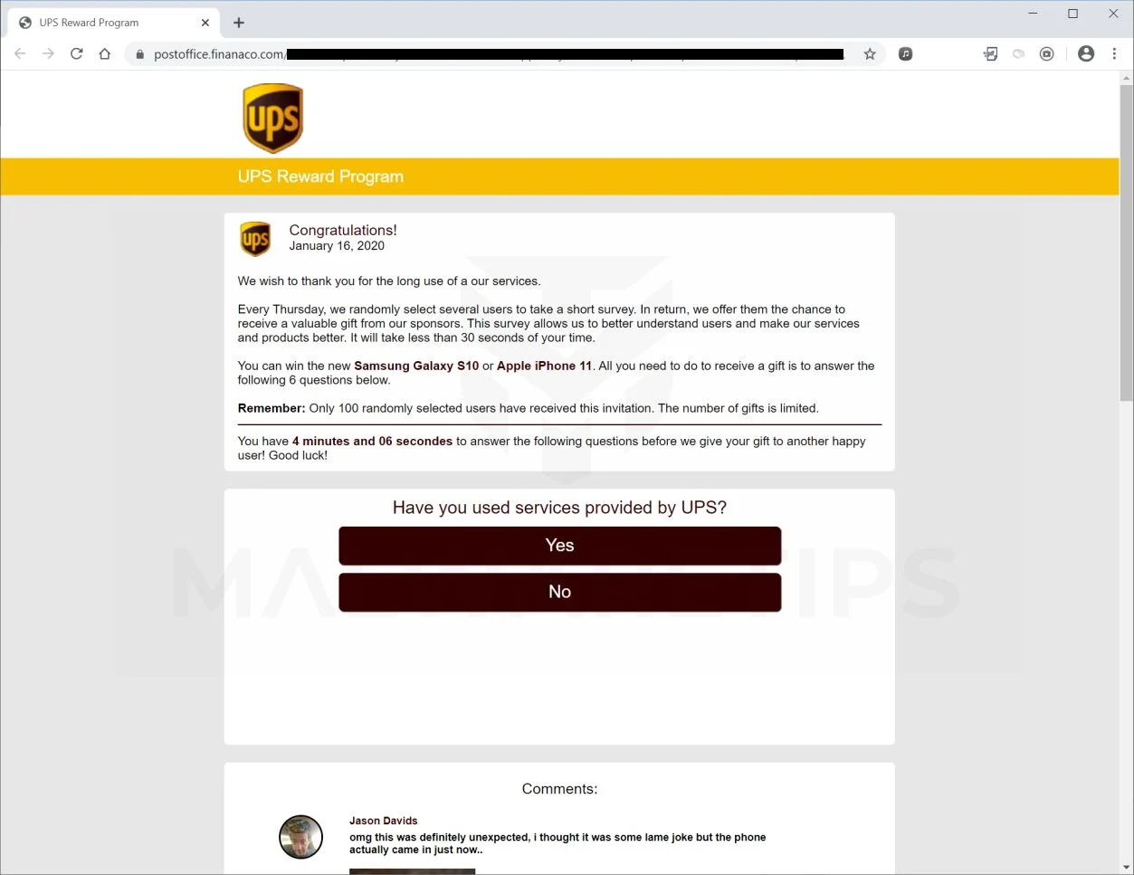 Remove "UPS Reward Program" pop-up ads (Virus Removal Guide) 1 Image: UPS Reward Program - Scam