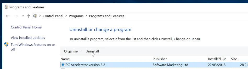 Uninstall PC Accelerator adware