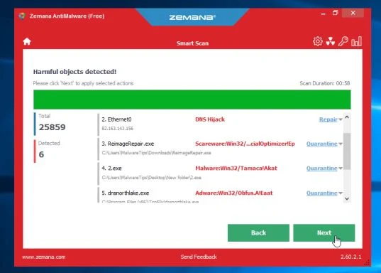 Click Next to remove all malicious programs Zemana AntiMalware Removing InstapaperText extension by ninaa.club Virus