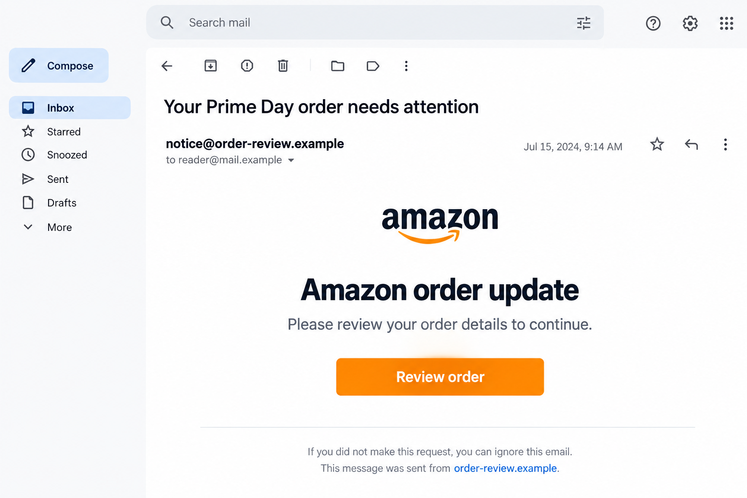 Fictional Amazon-style Prime Day order email using an unrelated example-domain sender