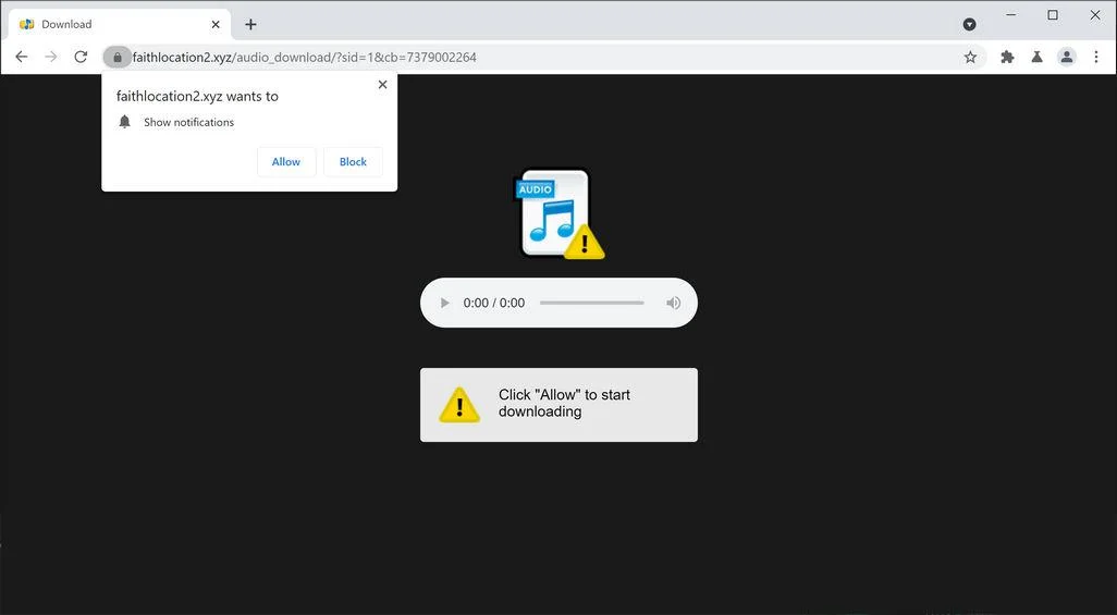 Remove Faithlocation2.xyz pop-up ads (Virus Removal Guide) 1 Image: Chrome browser is redirected to Faithlocation2.xyz
