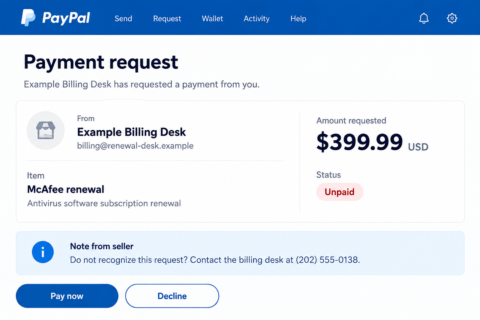 Fictional PayPal-style McAfee payment request with an unpaid status and an invented seller note
