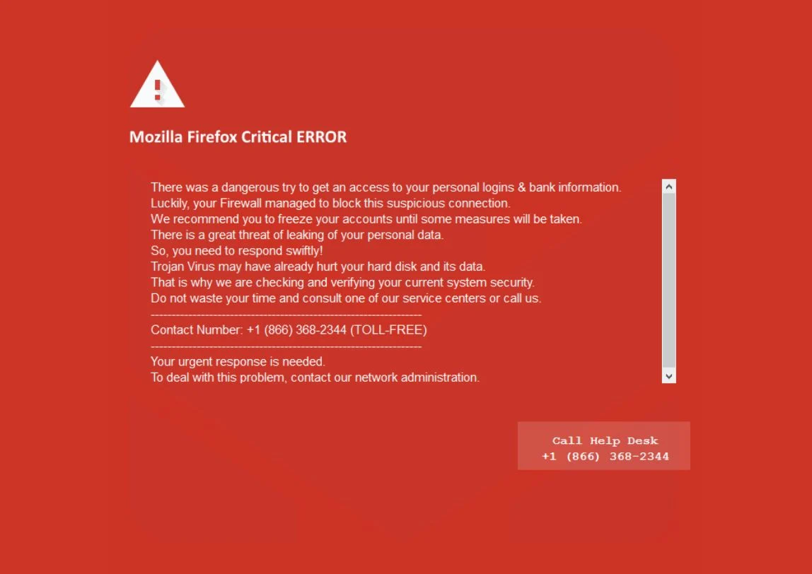 Mozilla Firefox Critical ERROR Scam Alerts Virus
