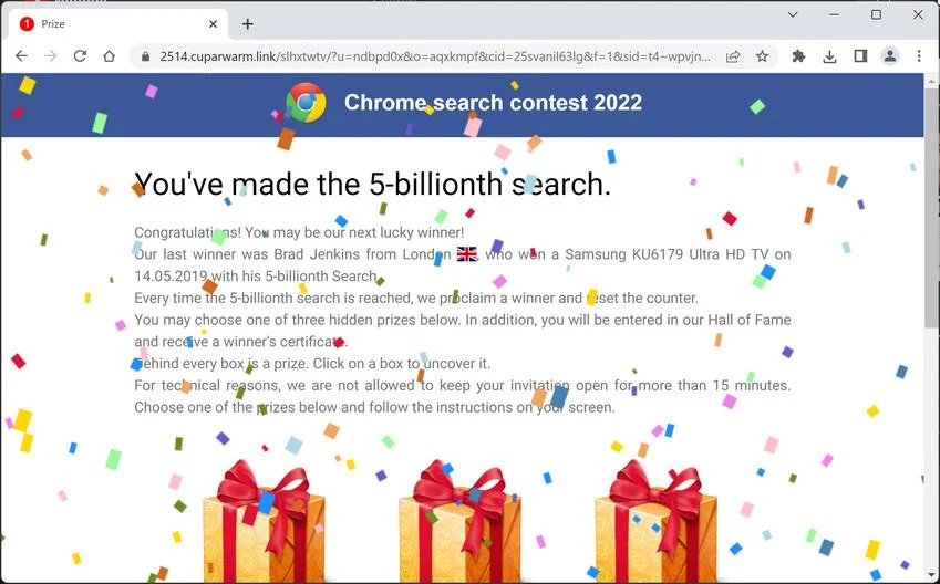 Image: Chrome browser is redirected to Cuparwarm.link