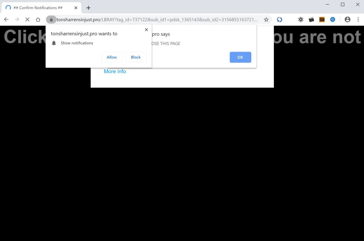 Image: Chrome browser is redirected to Tonsharrensinjust.pro