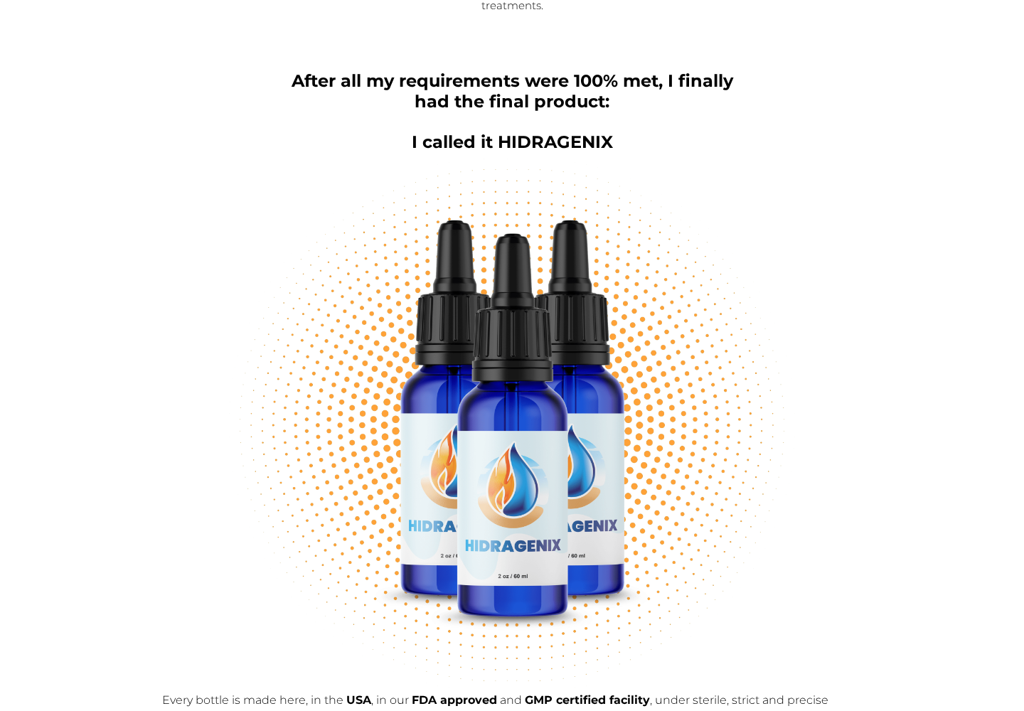 Hidragenix Reviews: Hidden Fat Claims, FDA Wording and Costly Return Rules 1 Hidragenix blue dropper bottles on the product page with a claim about an FDA-approved manufacturing facility