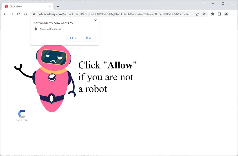 Image: Chrome browser is redirected to Notifacademy.com