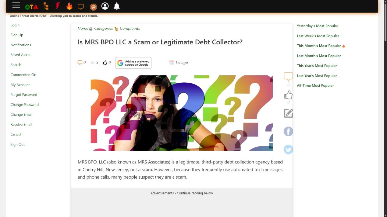 Online alert discussing whether an MRS BPO debt collection contact is legitimate