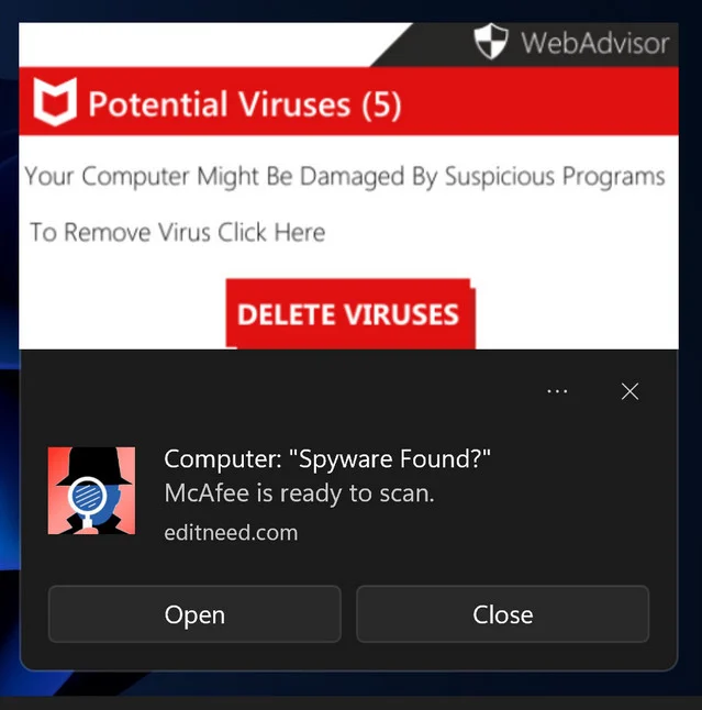 Image: McAfee Potential Viruses (5) Pop-up Ads