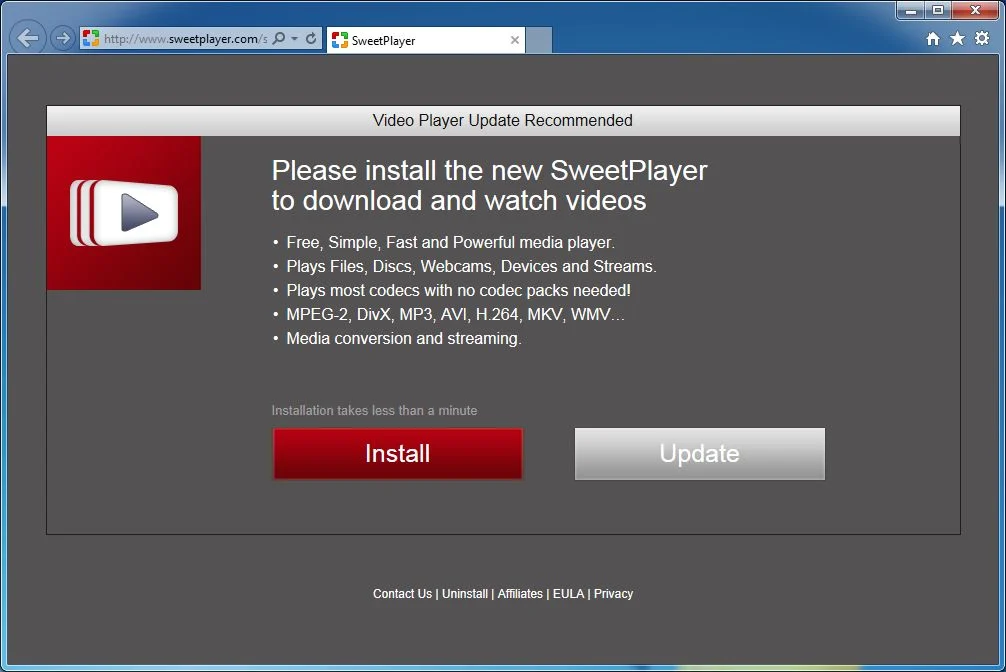 Please install the new SweetPlayer to download and watch videos virus