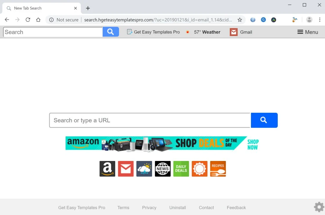 Image: Chrome browser is redirected to search.hgeteasytemplatespro.com