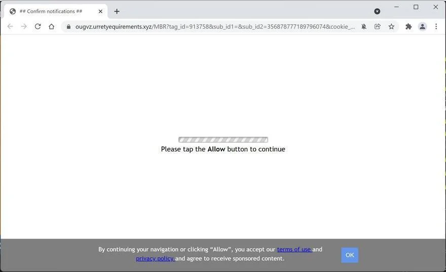 Image: Chrome browser is redirected to Urretyequirements.xyz