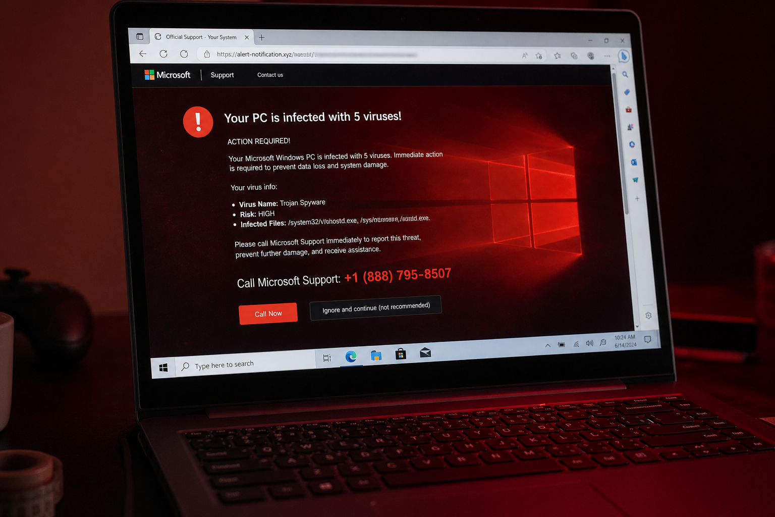 Microsoft Edge showing a fake Your PC is infected scare page