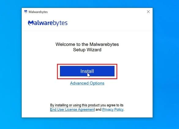 Malwarebytes Setup: Click on Install step